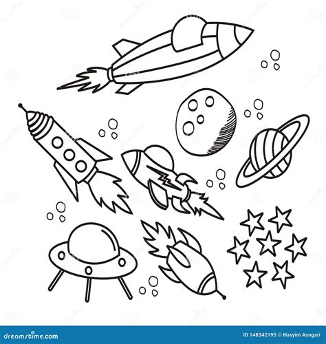 Set of Hand Drawn Space Illustration in Black and White Stock Illustration - Illustration of ...