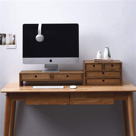 Wood Monitor Stand With 2 Drawers Computer Arm Riser Desk Etsy