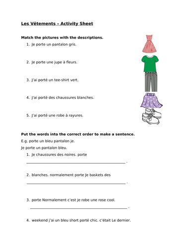 Clothes French Worksheet Teaching Resources