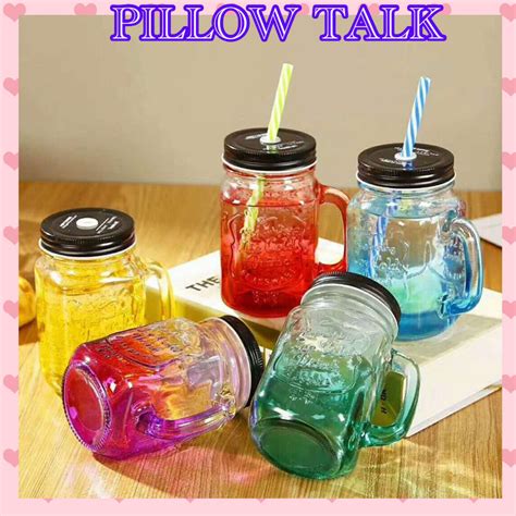 Jual Pt029 Gelas Kaca Mason Jar Mug Kaca Estetik Dengan Sedotan Anti Tumpah 450ml Shopee Indonesia