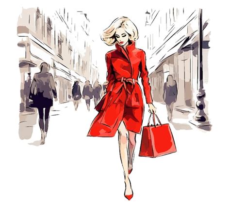 Composition L Aquarelle D Une Belle Fille En Rouge Sur Fond De Ville