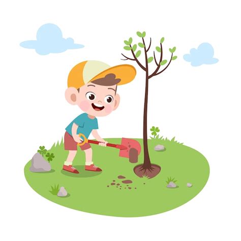 Niño niño plantando árbol ilustración Vector Premium