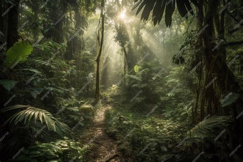 Premium AI Image | A jungle scene with a path in the middle of the jungle.