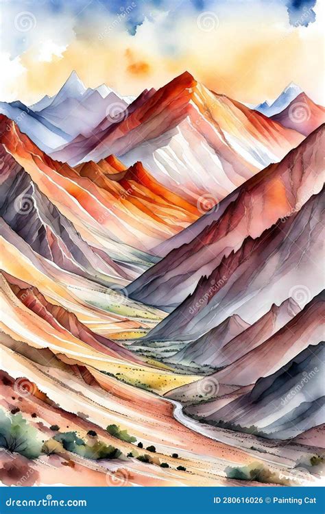 Mountain Landscape, Watercolor Hand Drawn Illustration, Mountain Range ...