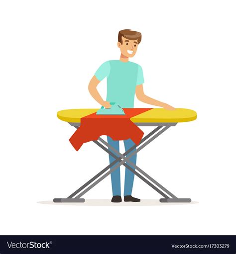 Young smiling man ironing clothes on board Vector Image