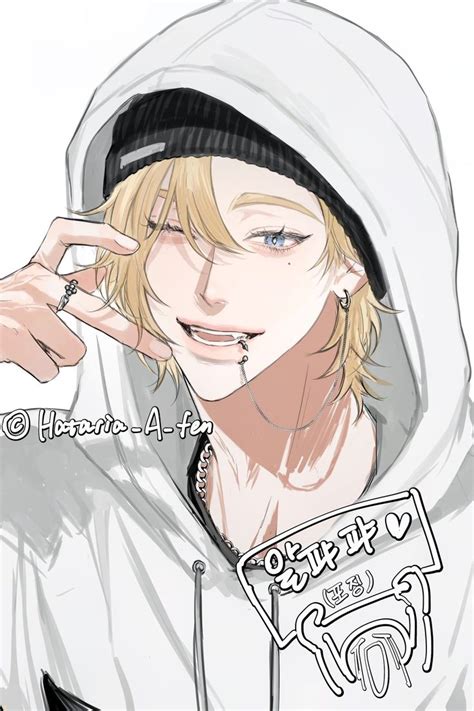 An Anime Character With Blonde Hair Wearing A White Hoodie And Holding His Hand Up To His Face