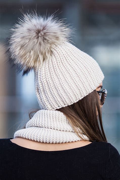 Wool Beanie Hat With Genuine Raccoon Fur Pom Pom Women Hats And