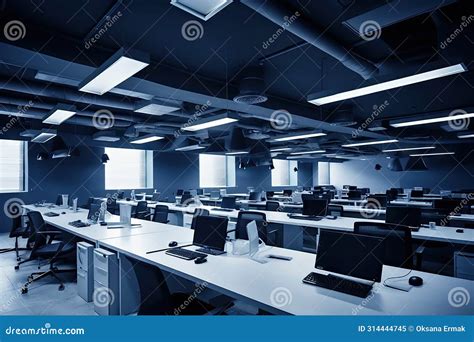 Empty Office with Desks and Laptops, Big Modern Office an Night ...