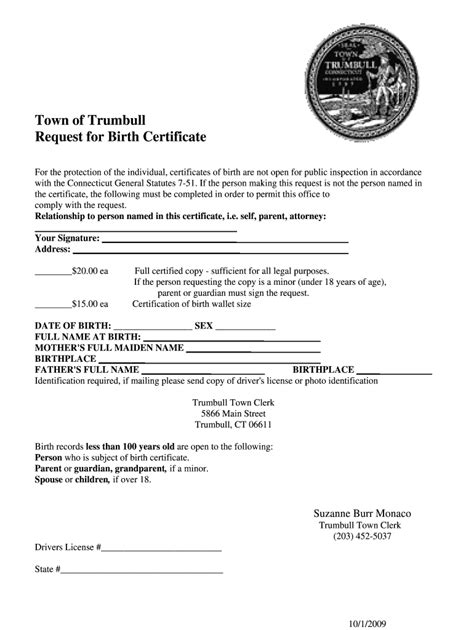 Fillable Online Trumbull Ct Birth Certificate Copy Request Form Trumbull Trumbull Ct Fax