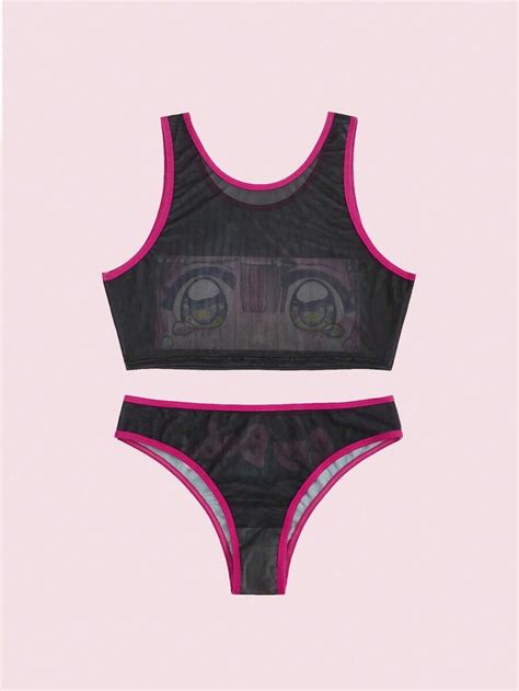 Angelfish Anime Letter Cartoon Graphic Contrast Binding Lingerie Set Shein Usa