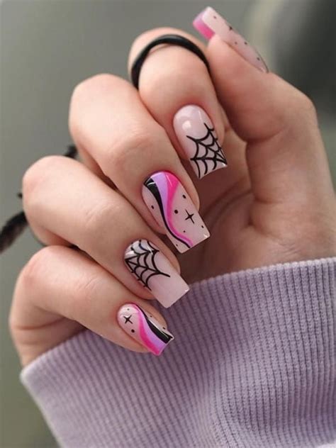 Nude Nails With Swirls And Spider Webs Easy Halloween Nails Design Image Halloween Cute