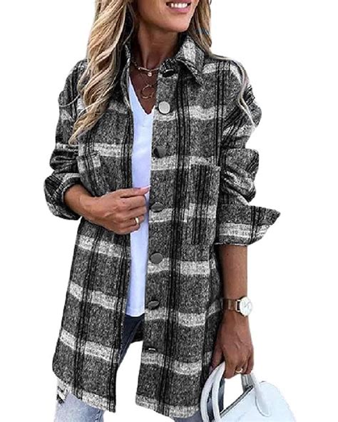 Aoysky Womens Flannel Casual Plaid Shacket Wool Blend Button Down Long Sleeve Shirt Fall Jacket