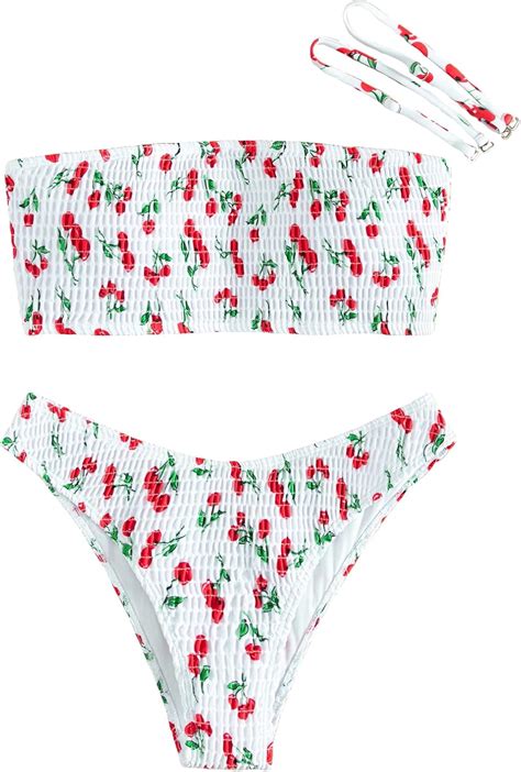 Amazon GORGLITTER Women S Smocked Swimsuit Strapless Bandeau High Cut Thong Bikini Set