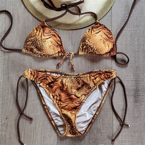 Bare Nothings Swim Leopard Print Shiny String Bikini Size M Poshmark