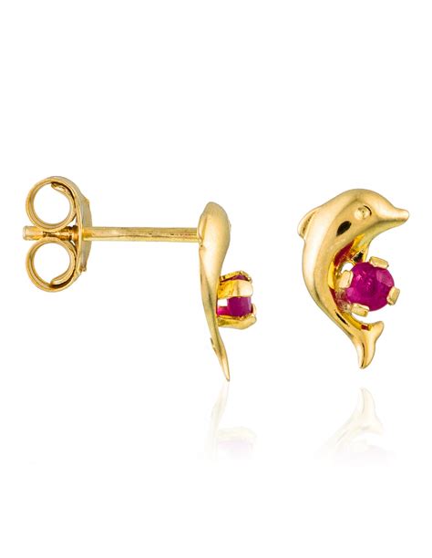 Boucles D Oreilles Or Jaune 375 1000 Dauphin Rubis