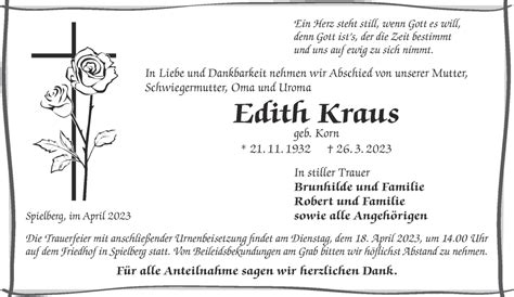 Traueranzeigen Von Edith Kraus Trauer Gnz De