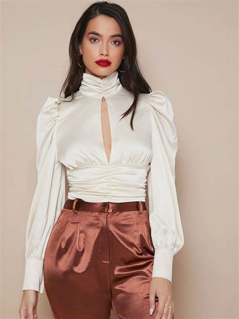 Shein Cut Out Front Lantern Sleeve Satin Top Satin Blouse Outfit