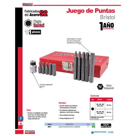 Juego de puntas bristol hexágono 3 8 adaptador 1 2 j6011 Sears