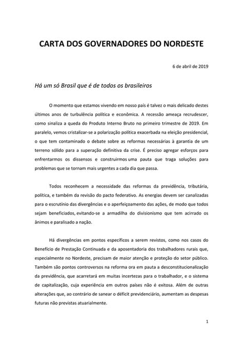 Leia A Carta Dos Governadores Do Nordeste Sobre A Reforma Da