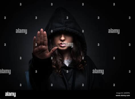 The Female Hacker Hacking Security Firewall Late In Office Stock Photo