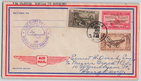 Philippines 1937 Manila To Hong Kong Clipper Airmail First Flight Cover