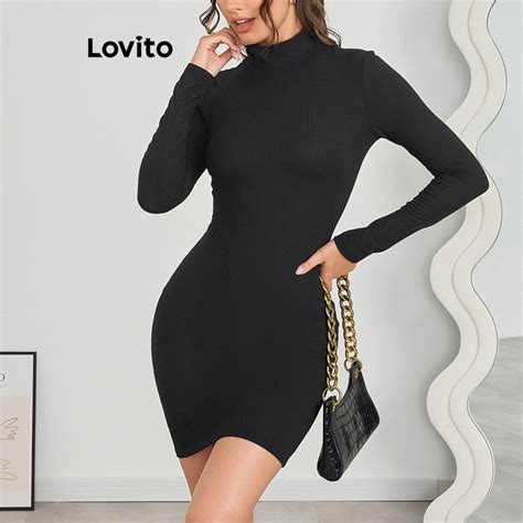 Lovito Vestido Bsic Elegante De Malha Canelada Lisa Para Mulheres