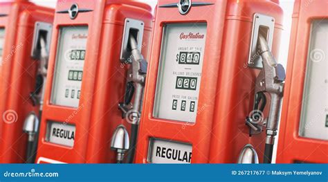 Row Of Vintage Fuel Pumps On Gas Pump Station Stock Illustration