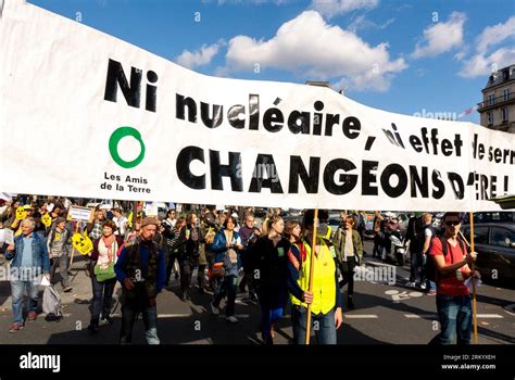 Paris France Large Crowd Of People Holding Large Protest Banners