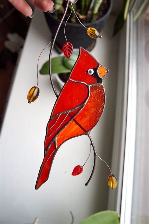 Suncatcher Red Cardinal Stained Glass Window Hanging Home Etsy