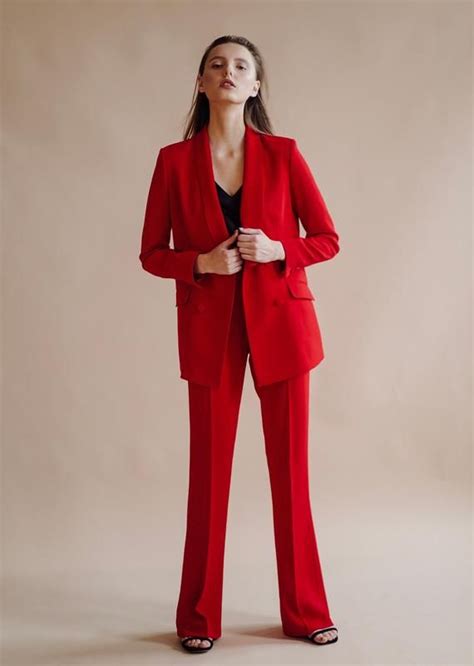 Anniversary Red Suit Women Blazer With High Waisted Wide Leg Pants Classic Suit With Flared