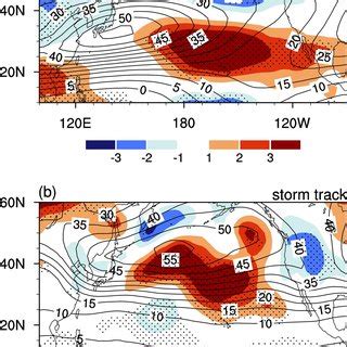 Anomalies of 850 hPa a b zonal winds unit m s¹ and c d storm