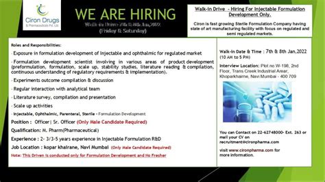 Ciron Drugs Walk In Interview For M Pharm Pharmaceutical