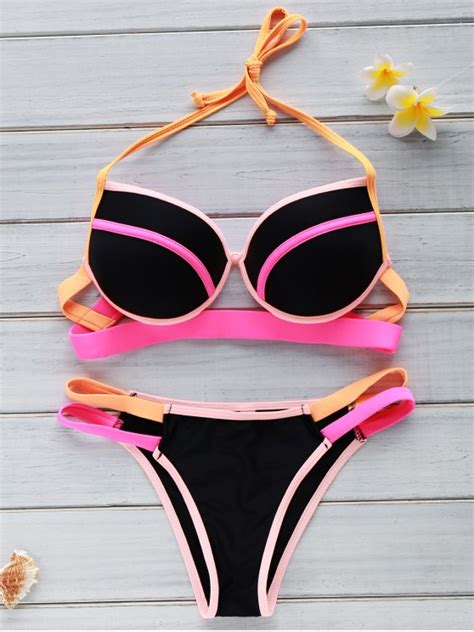 21 OFF 2021 Color Block Underwire Halter Bikini Set In BLACK ZAFUL