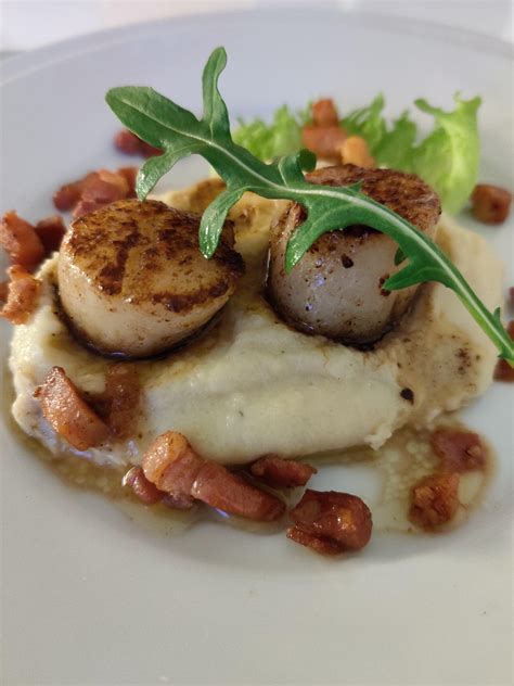 [homemade] Scallops With Artichoke Puree Bacon And Browned Soy Butter Sauce Food