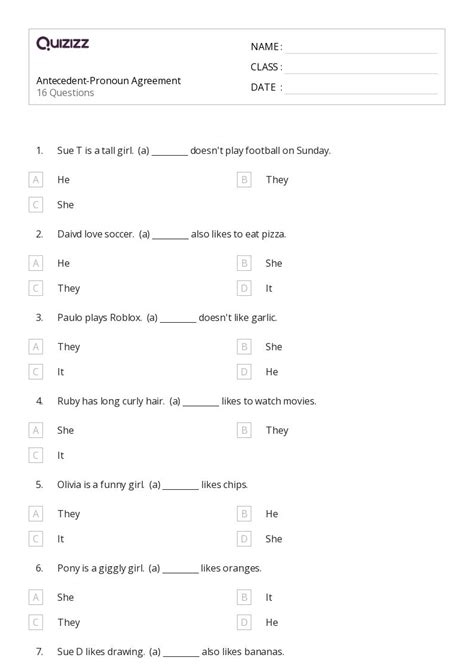 50 Pronoun Antecedent Agreement Worksheets For 3rd Grade On Quizizz