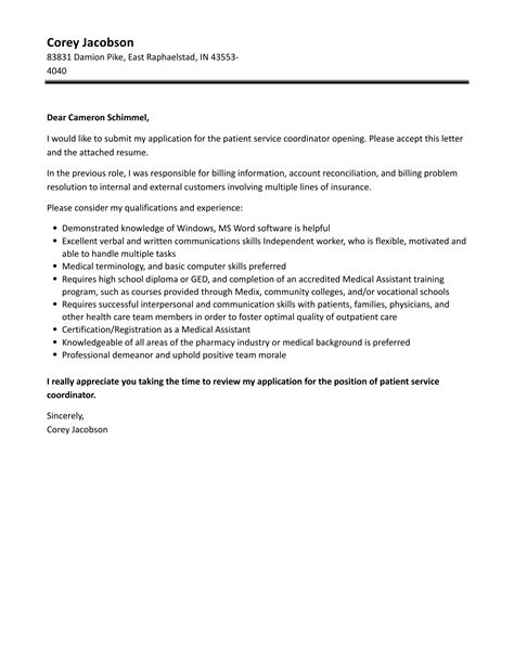 Patient Service Coordinator Cover Letter Velvet Jobs