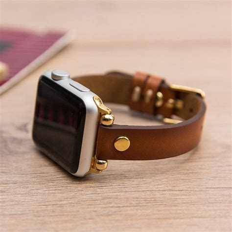 Slim Leather Apple Watch Band Women Light Brown Gold Apple Etsy