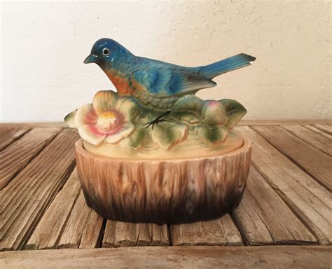 Vintage Chalkware Bluebird Trinket Box Etsy Trinket Boxes Blue