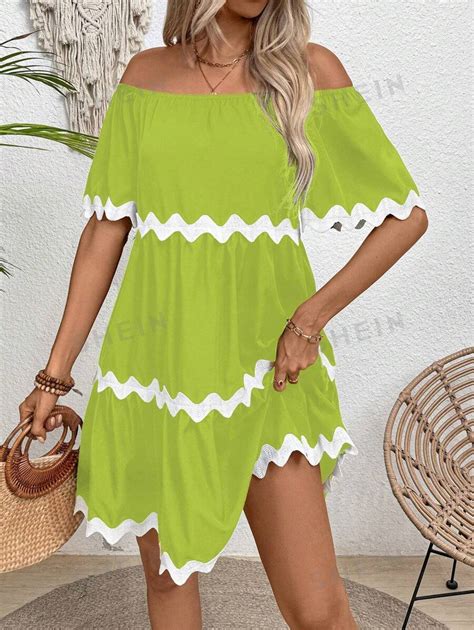 Shein Vcay Women S Vacation Casual Off Shoulder Contrast Color Tape