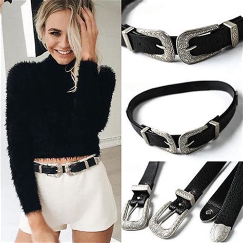 Fashion Women Lady Vintage Boho Metal Leather Double Buckle Waist Belt Waistband Fashion Waist