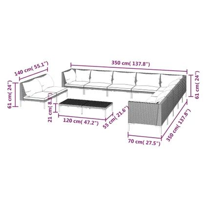 VidaXL Loungeset Donkergrijs 8x Middenbank 3x Hoekbank 1x Tafel