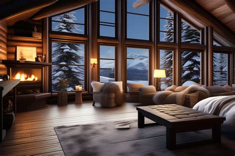 A cozy log cabin interior on a snowy night by Rolland Jang - Playground