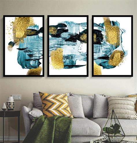 Kit 3 Quadros Decorativos Abstratos Azul Gold Molduras Elo7