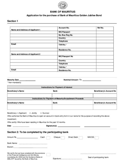 Fillable Online Application Form Three Year Bank Of Mauritius