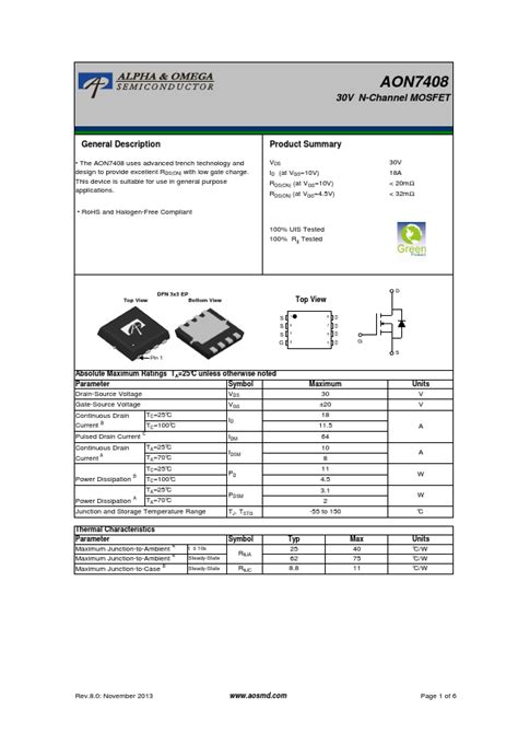 Aon Datasheet V N Channel Mosfet