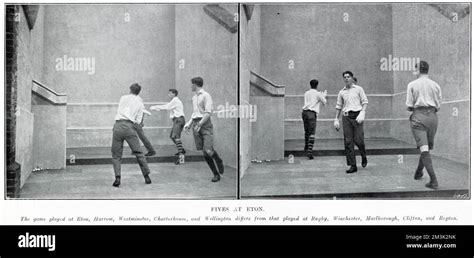 Two photographs showing a game of fives, played in one of the courts at ...