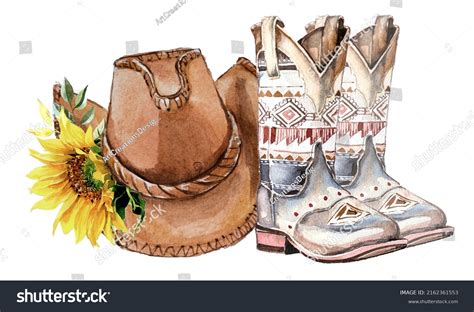 Watercolor Hand Painted Cowboy Hat And Cowboy Boots Clipart Set