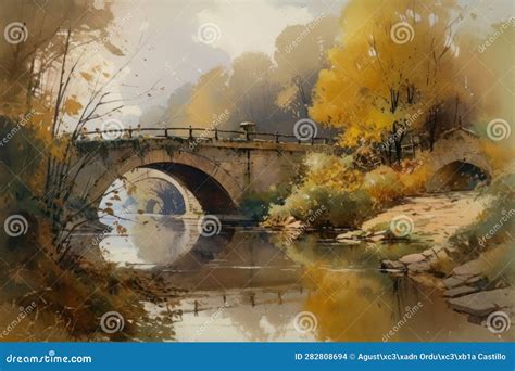 Painting of a Watercolor Drawing of a Medieval Bridge at Sunset. Stock ...