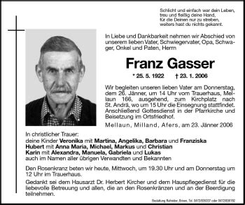 Traueranzeigen Von Franz Gasser Trauer Bz