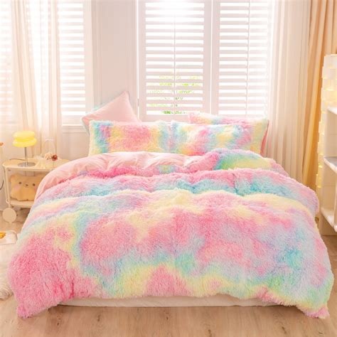 Urbonur 3pcs Pink Rainbow Girls Comforter Set Queen Faux Fur Fluffy Bedding Comforter Set Luxury